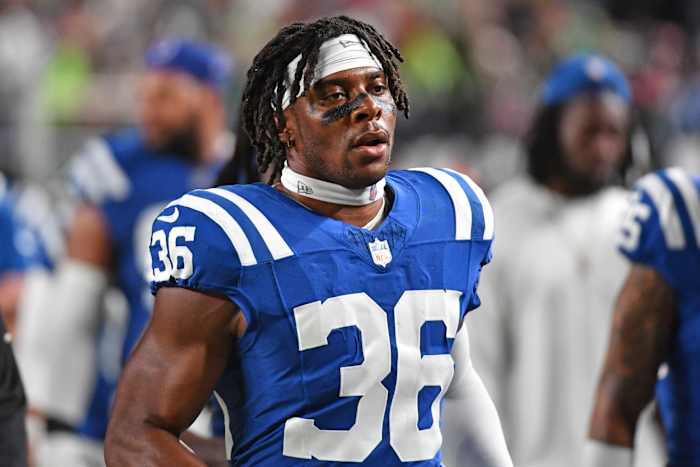 Aug 24, 2023; Philadelphia, Pennsylvania, USA; Indianapolis Colts safety Henry Black (36) against the Philadelphia Eagles at Lincoln Financial Field. Mandatory Credit: Eric Hartline-USA TODAY Sports